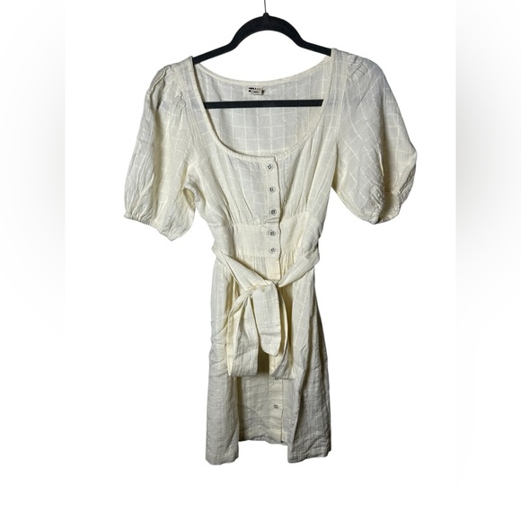 Billabong Ivory Button Front Mini Dress Women’s Small Short Sleeve Tie Waist - Picture 1 of 8